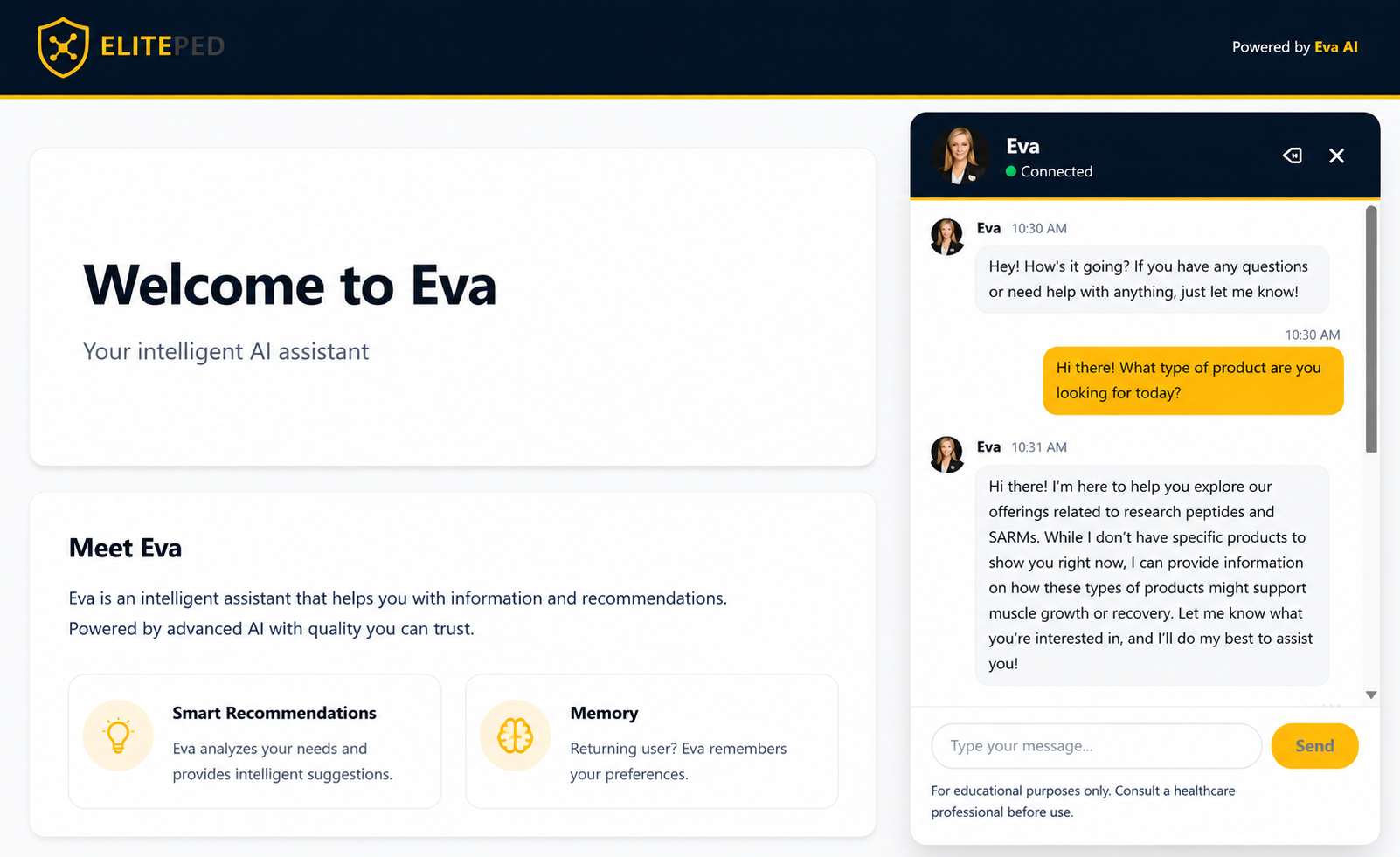 Eva AI product assistant answering a shopper on ElitePed