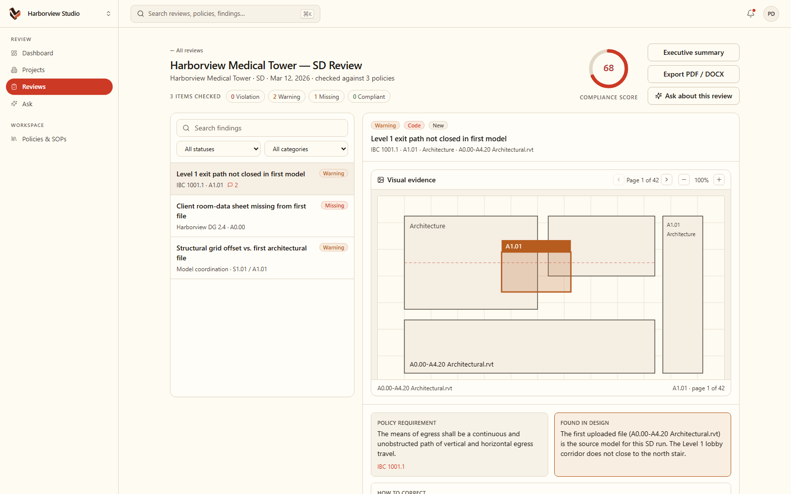 Visual Compliance review workspace with findings and pinned visual evidence