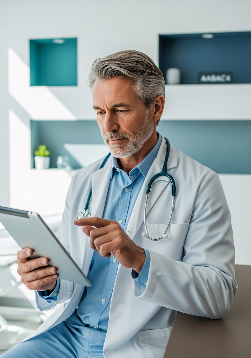 Clinician reviewing patient notes on a tablet
