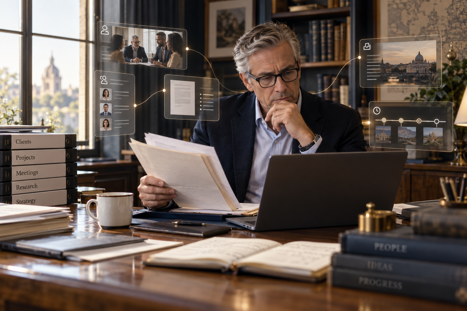 Knowledge professional connecting documents, relationships, meetings and historical context